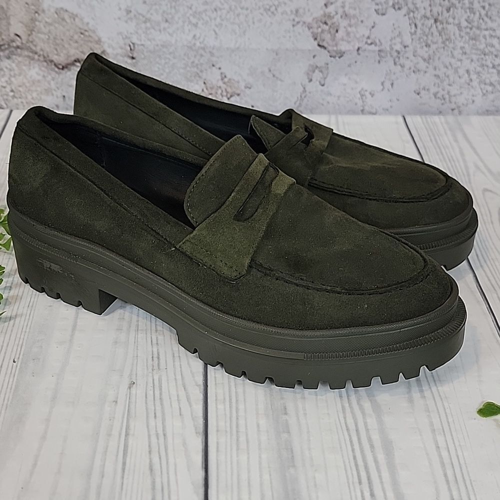 Patina Zoe Suede Loafers Dark Olive Green Portland Leather Mens Size 9.5